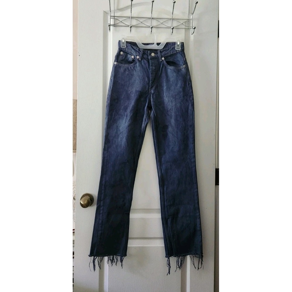 Zara Acid Wash Blue Purple High Rise Straight Leg Raw Hem Denim Jean Pants USA 2